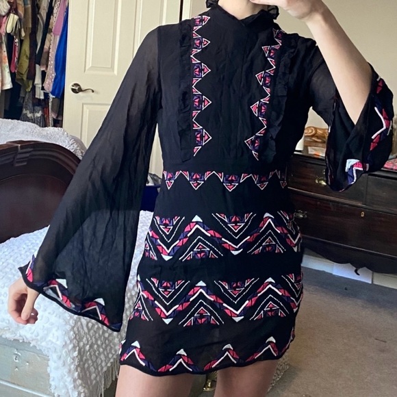 Rococo Sand RARE Silk T-Back Embroidered Long Sleeve Mini Dress - Picture 4 of 13